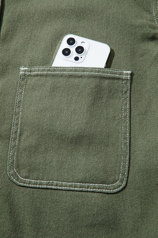 Denim Button-Up Patch Pocket Collared Jacket THRIXINE