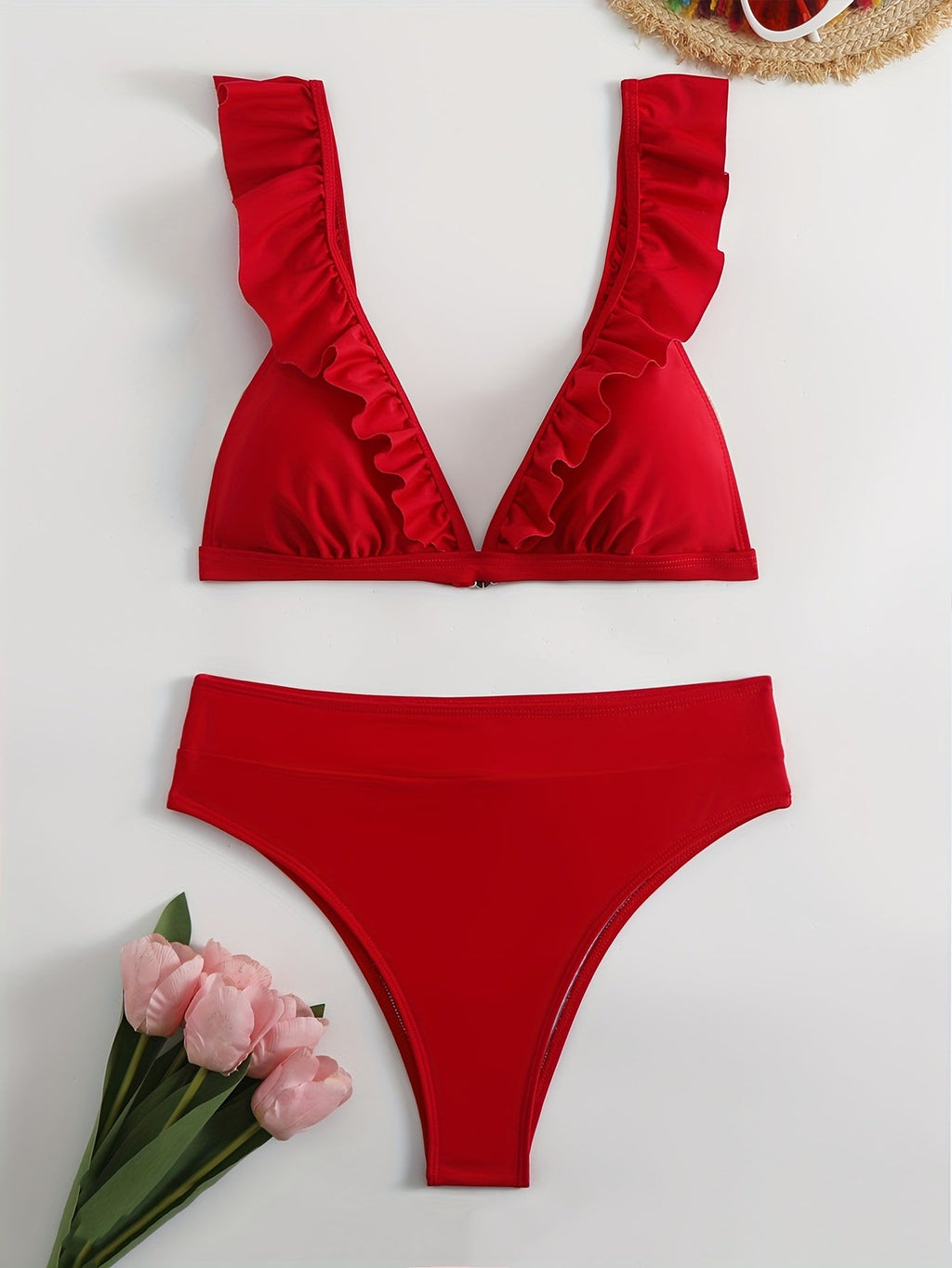 New Elegance Curve V-Neck Bikini Set – Sleek Solid Color High Waist Swimsuit with High-Cut Leg and Delicate Lettuce Trim – Stretch Comfort and Easy-Care Two-Piece Swimwear for Women’s Poolside Style Stevvex