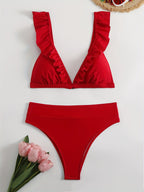 New Elegance Curve V-Neck Bikini Set – Sleek Solid Color High Waist Swimsuit with High-Cut Leg and Delicate Lettuce Trim – Stretch Comfort and Easy-Care Two-Piece Swimwear for Women’s Poolside Style Stevvex