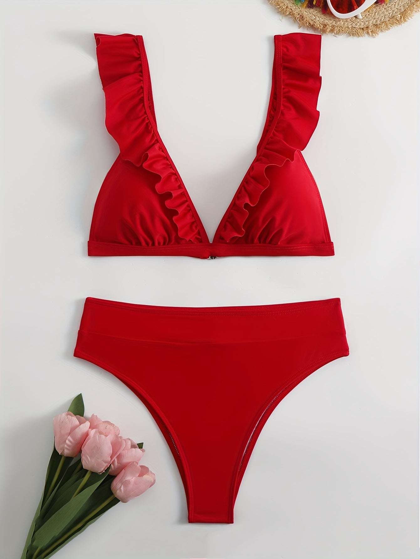 New Elegance Curve V-Neck Bikini Set – Sleek Solid Color High Waist Swimsuit with High-Cut Leg and Delicate Lettuce Trim – Stretch Comfort and Easy-Care Two-Piece Swimwear for Women’s Poolside Style Stevvex
