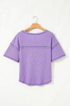 Blue Exposed Seam Drop Sleeve V Neck Waffle Textured Top
