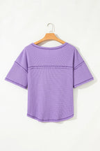Blue Exposed Seam Drop Sleeve V Neck Waffle Textured Top