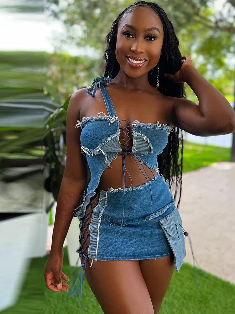 Skirt and Top Set Woman Summer 2 Piece Outfit Hollow Out Strapless Strap with Short Mini Skirt Night Club Wear Blue Denim Set Purplish Diva