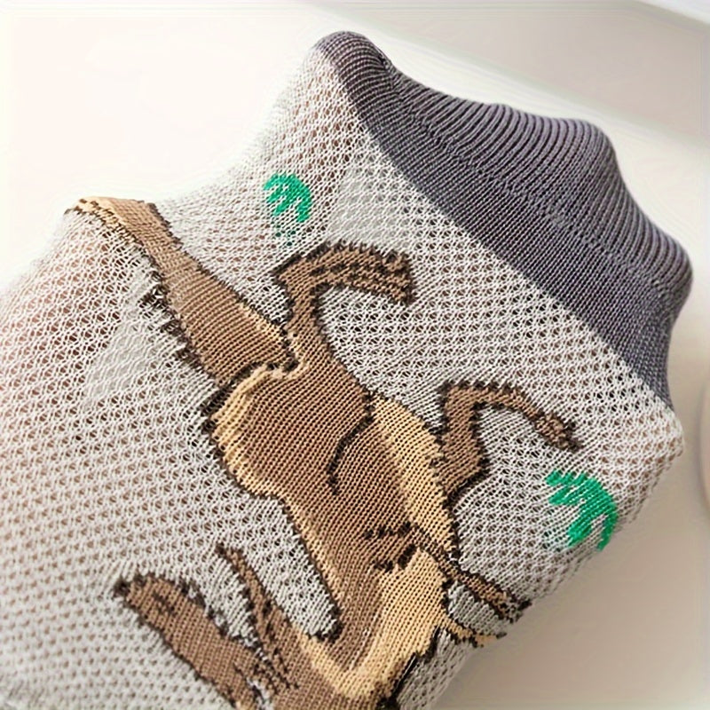 5 Pairs Of Boy's Trendy Dinosaur Pattern No Show Socks, Comfy Breathable Casual Soft Socks For Kid's Outdoor Activities Lootquake LLC