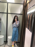 Split Hem Denim Skirt, Bodycon Denim Midi Skirt