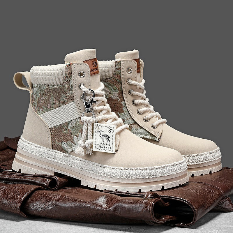 Men's Print Boots Autumn And Winter High-top British Style Comfy Breathable Casual Flat Shoes Outdoor Walking Running Boots Pi-Mart