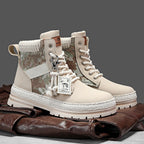 Men's Print Boots Autumn And Winter High-top British Style Comfy Breathable Casual Flat Shoes Outdoor Walking Running Boots Pi-Mart