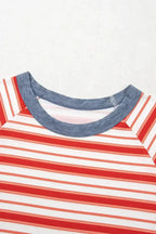Tomato Red Striped Raglan Sleeve Contrast Neck T-Shirt
