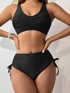 Bikini Twist Front V Neck High Waist 2 Piece Bikini Set for Women – Stretchy Tie Back Swimsuit with Drawstring Lace Up and Comfortable Fit – Trendy Solid Color Swimwear for Beach Days Pool Parties and Summer Vacations