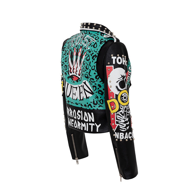 Punk Graffiti Print Leather Jacket Contrasting Badge Biker Pi-Mart