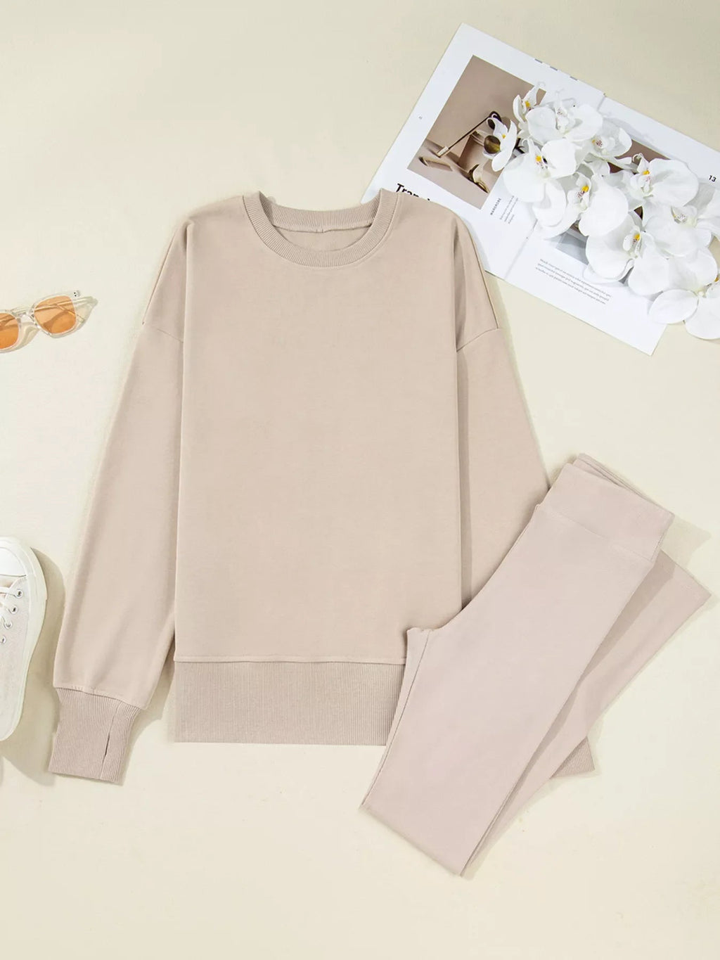 Oversized Slit Sweatshirt and Ribbed Leggings 2pcs Set THRIXINE