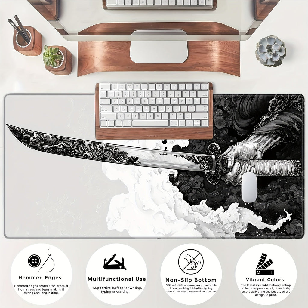 Extended Gaming Mouse Pad with Japanese Samurai Sword Design, Extra Large, Stitched Edges, Washable, Non-Slip Rubber Base, 31.5x11.8 inches Lootquake LLC