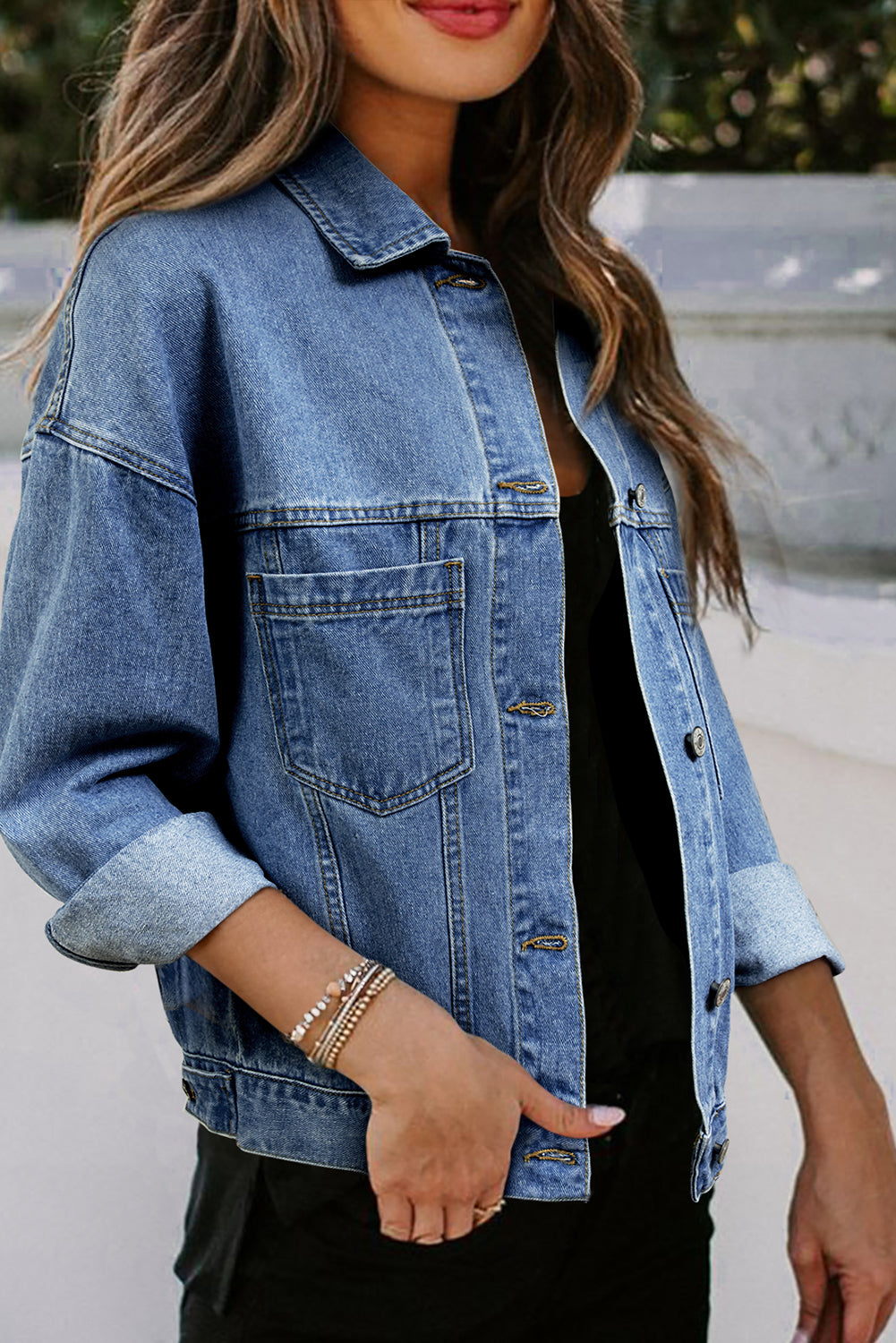 Light Blue Washed Oversize Pocketed Denim Jacket Lootquake LLC