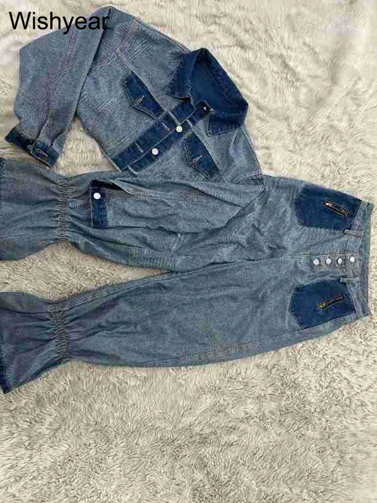 Streetwear Blue Patchwork Denim Two 2 Piece Pants Set Women Sales Long Sleeve Crop Tops and Flare Jeans Loose Matching Outfits Purplish Diva