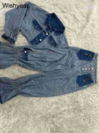 Streetwear Blue Patchwork Denim Two 2 Piece Pants Set Women Sales Long Sleeve Crop Tops and Flare Jeans Loose Matching Outfits Purplish Diva