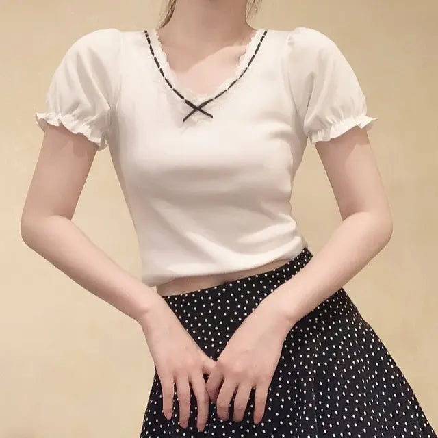 White T-Shirt for Sweet Girl Ribbon Lace Trim V-Neck Bowknot Puff Sleeve Slim Cotton TShirt Kawaii Clothes Summer Tops Pi-Mart