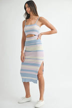 Multi Color Striped Front Cutout Knit Midi Dress For Women – Vibrant Striped Bodycon Dress, Cutout Knit Dress, Stylish Summer Midi Dress, Trendy Statement Dress Stevvex