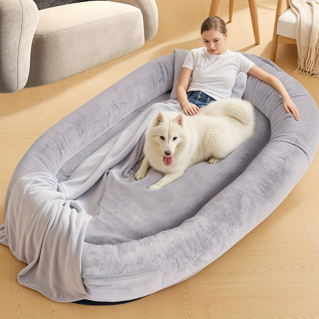 [Cozy Dog Bed] Orthopedic Faux Fur Dog Bed | Cozy Human-Sized Dog Bed For All Breeds - 71"x45"x14" With Blanket And Pillow, Washable, Includes Plush Pillow & Blanket Lootquake LLC
