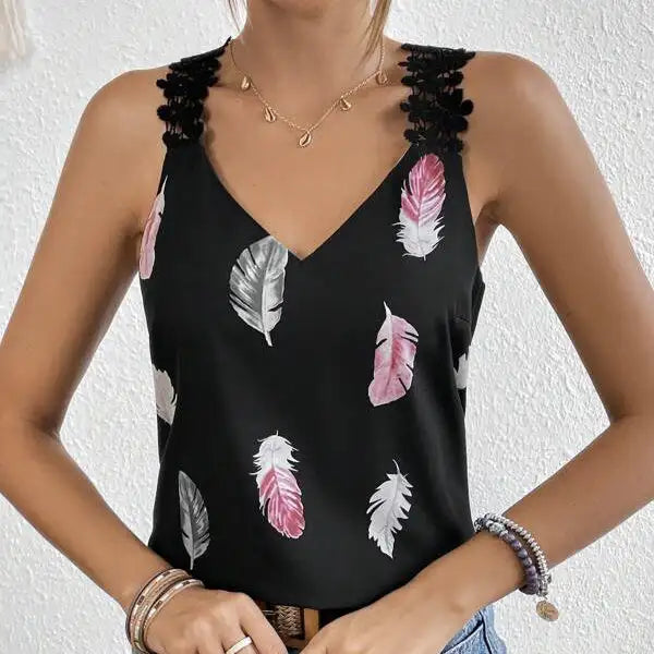 Women's Printed Feather Pattern Design V-neck Fashionable Slimming Camisole Vest - SJB-DIAMOND ELITES
