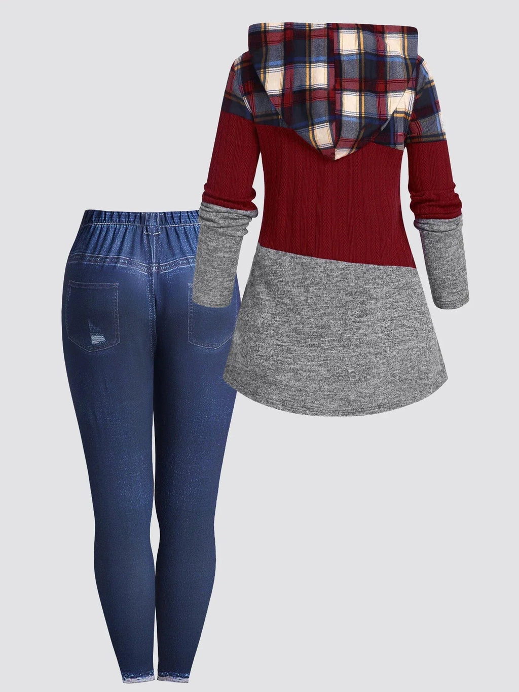 Plus Size Womens Suit Hooded Sweatshirts Colorblock Plaid Print Hoodie Drawstring Textured Tops Imitation Denim Pants Set L-5XL Purplish Diva