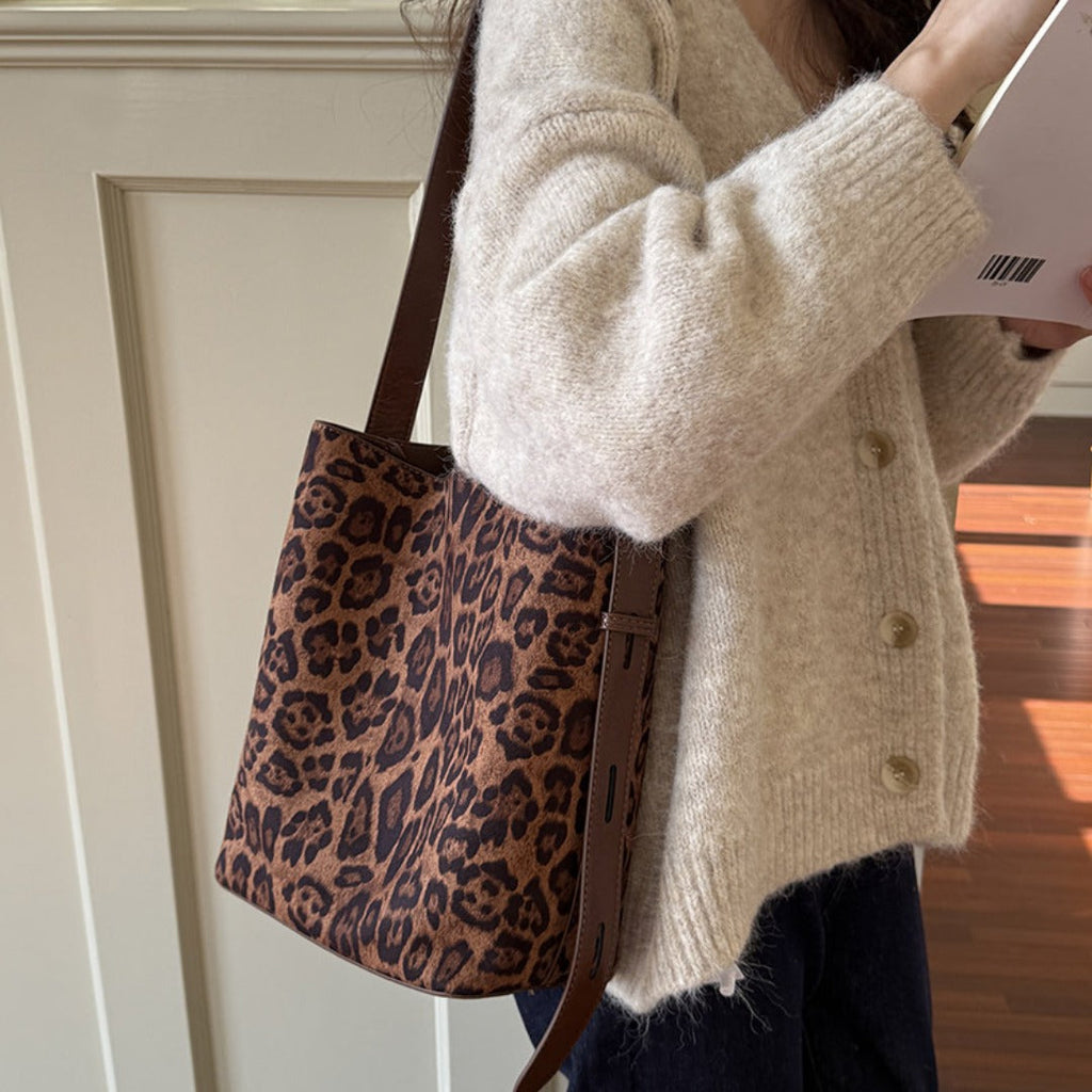 Suede vintage leopard print bucket bag, versatile shoulder crossbody women tote bag, hobo shoulder bag for women - SJB-DIAMOND ELITES