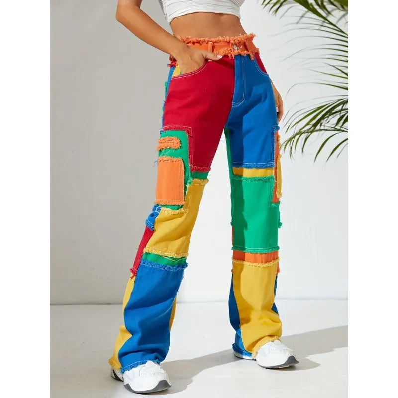Distressed Color Patchwork Women Denim Pants Fringe High Waist Zipper Fly Jeans 2023 Fall Winter Y2K Streetwear Sexy Club Outfit Purplish Diva