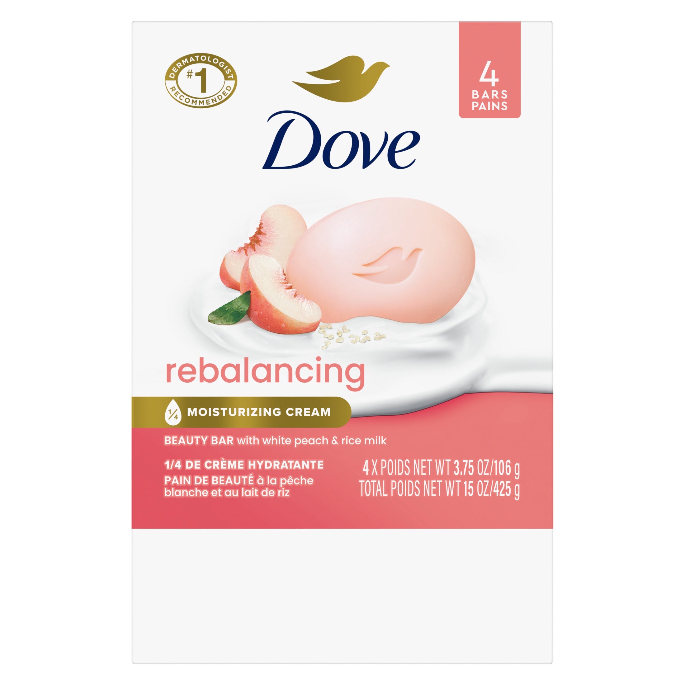 Dove Beauty Bar Soap for Women Rebalancing White Peach & Rice Milk All Skin, 3.75 oz 4 Bars
