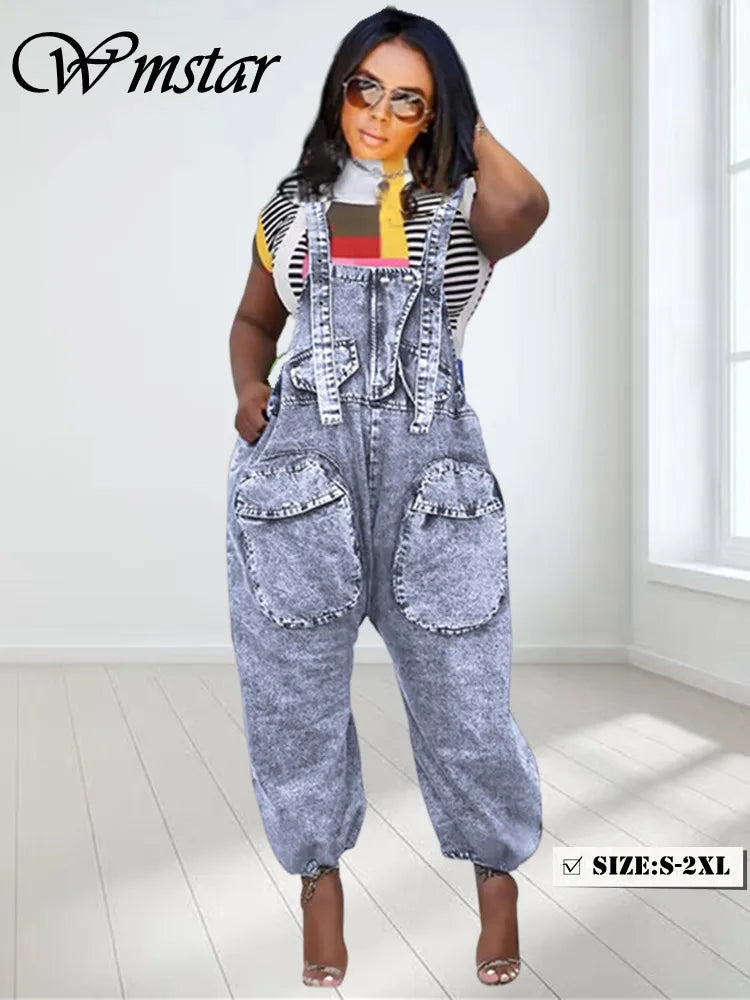 Wmstar Women's Jumpsuit Denim Cargo Pockets One Piece Outfits Wide Leg Black Fashion Streetwear Romper Wholesale Dropshipping Purplish Diva