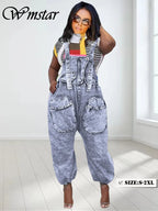 Wmstar Women's Jumpsuit Denim Cargo Pockets One Piece Outfits Wide Leg Black Fashion Streetwear Romper Wholesale Dropshipping Purplish Diva