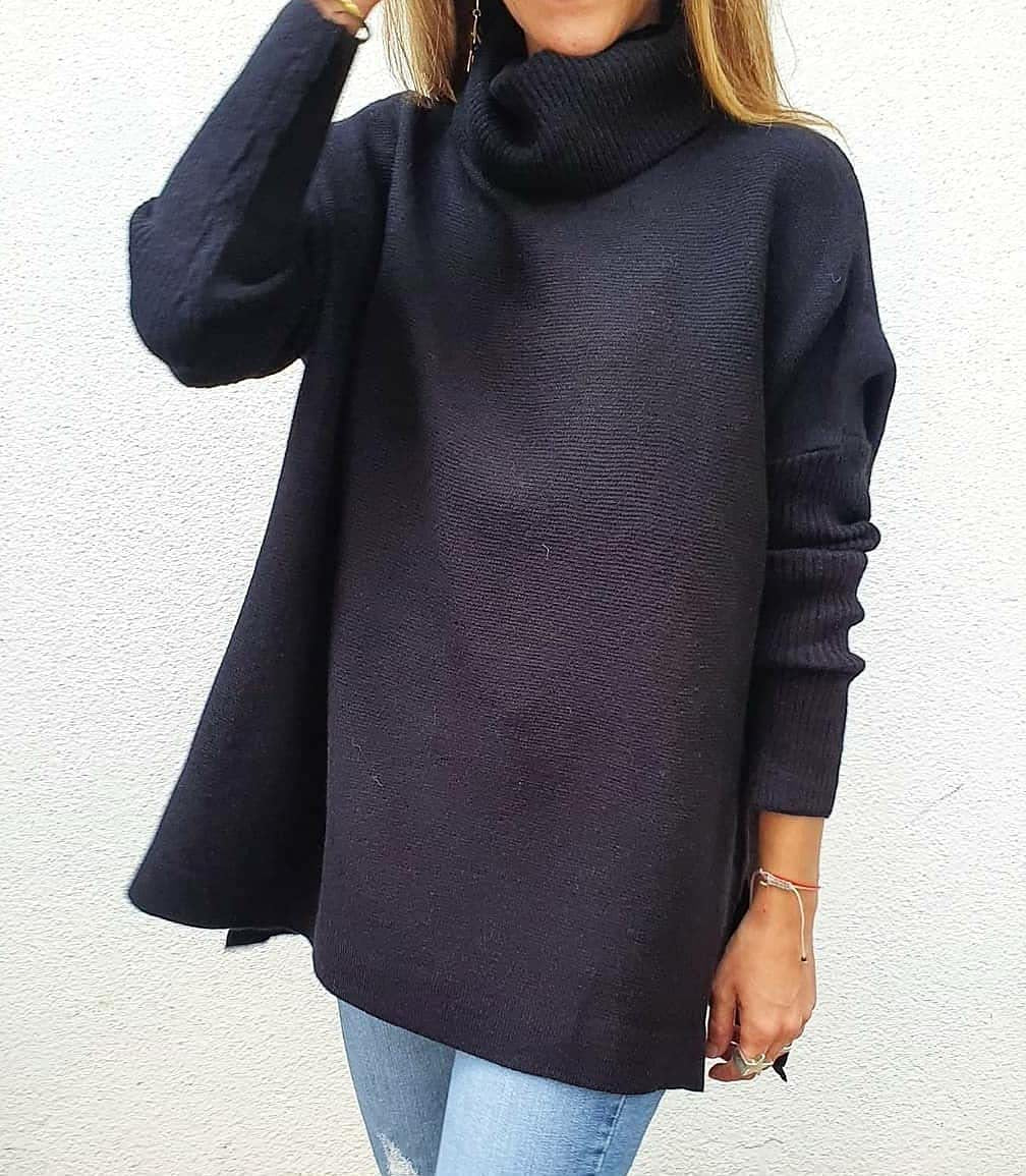 Turtleneck Sweater Mid Length Batwing Sleeve Slit Hem Tunic Pullover Sweaters Winter Tops Women Clothing Pi-Mart