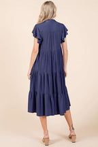 Ruffle Sleeve Collared V Neck Tiered Midi Dress For Women – Fluttering, Feminine and Polished Midi Dress with Layered Details For Any Occasion