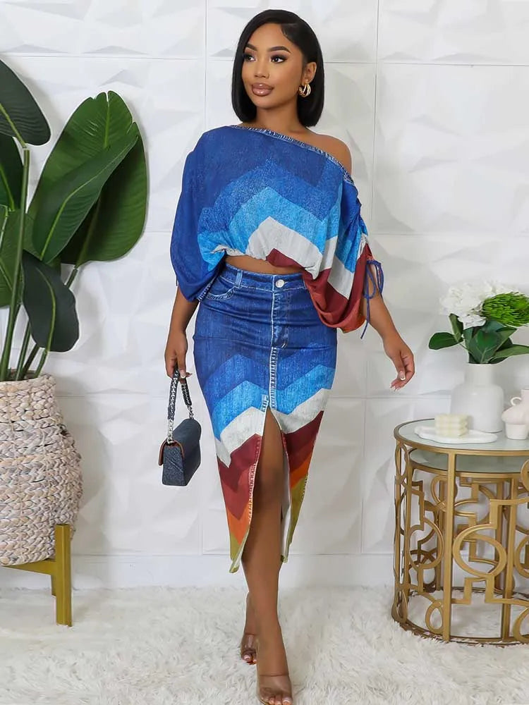2 Piece Outfit Set Women Streetwear Summer Outfits with Skirts Fake Denim Print Elegant Chic Open Split Skirt Long Sexy Female Purplish Diva