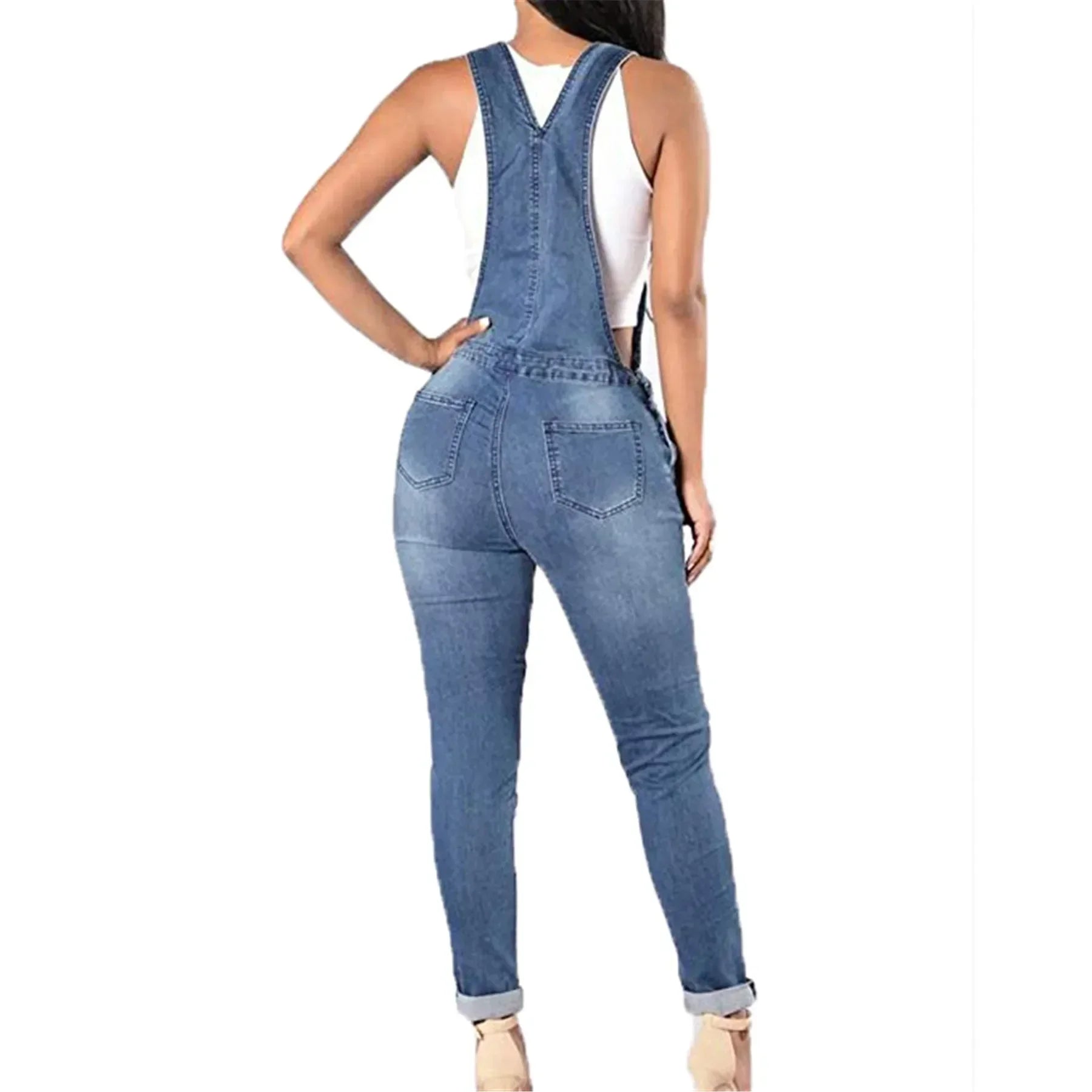 Women Demin Overalls Jumpsuits Jeans Distressed Pencil Pants Denim Holes Pockets Jenas High Street Mid Waist One Piece Slim Fit Purplish Diva