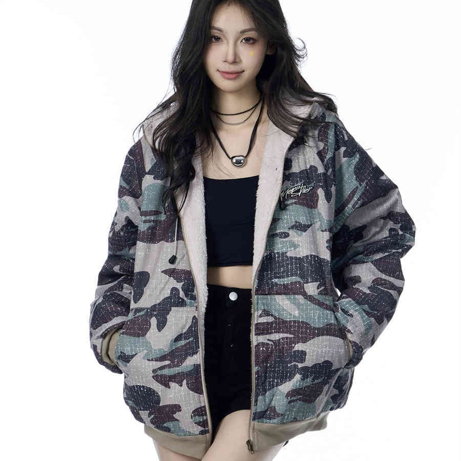 American Vintage Army Green Camouflage Fur Collar Hood Jacket Pi-Mart