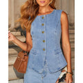 KADUWAKI Slim Denim Waistcoat Jeans 2pc Women Elegant Single Breasted O Neck Vest Wide Leg Pants Spring Lady High Street Outfits Purplish Diva