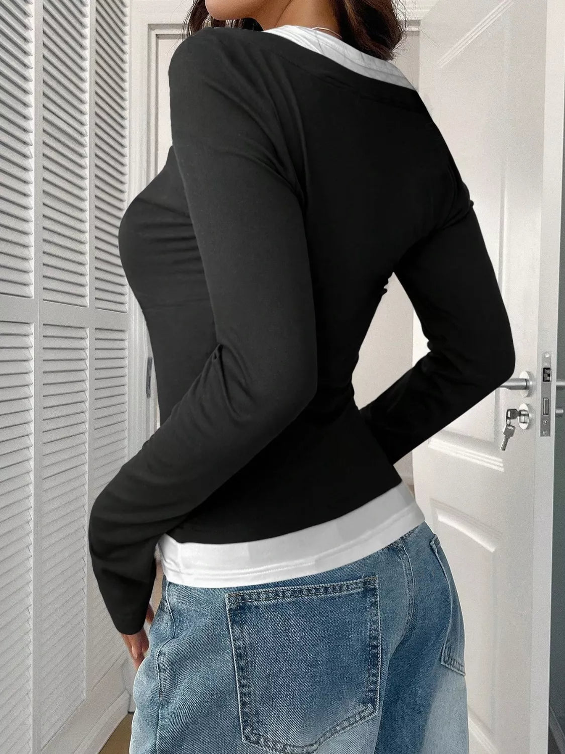 Contrast Long Sleeve Fake Two-Piece T-Shirt THRIXINE
