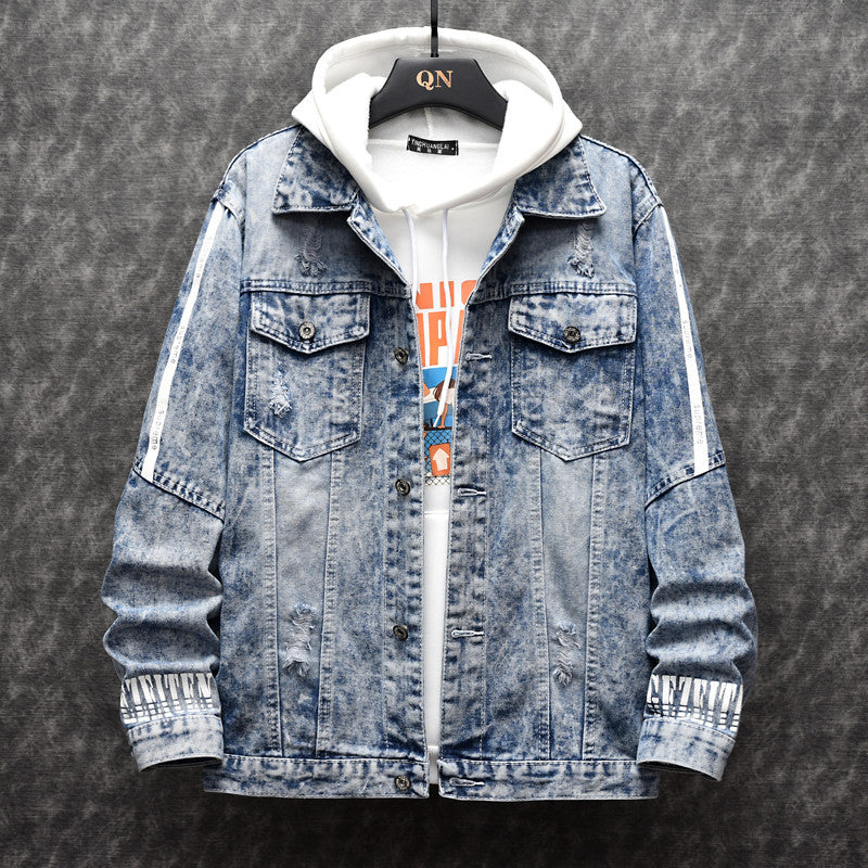 Men's Slim Denim Jacket Korean Style Trendy Handsome All-match Clothes Autumn Student Retro Jacket Men's Gown Pi-Mart