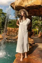 Annie Wear Wide Leg Jumpsuit with Button Detail and Pockets