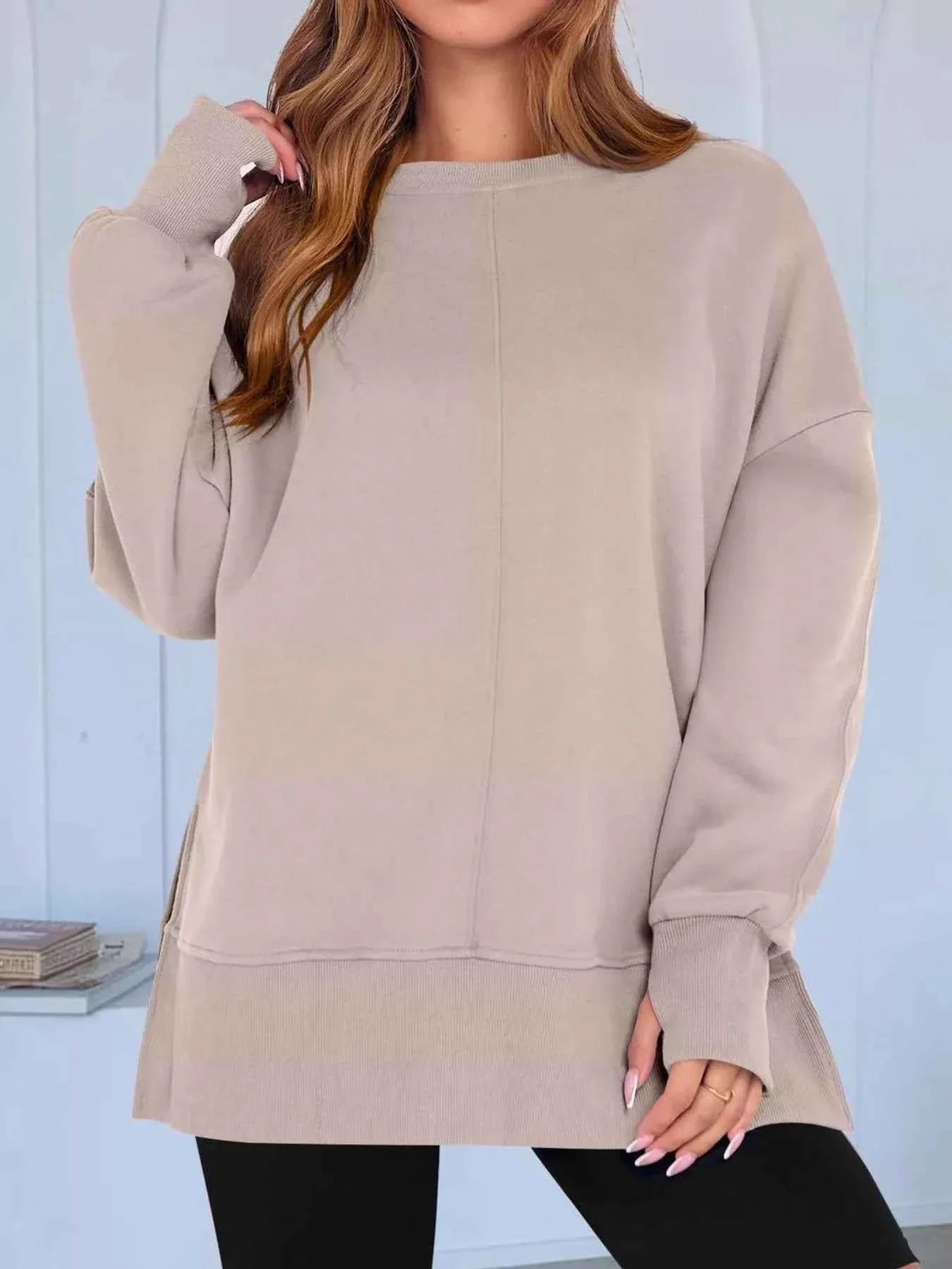 Side Slit Round Neck Long Sleeve Sweatshirt THRIXINE
