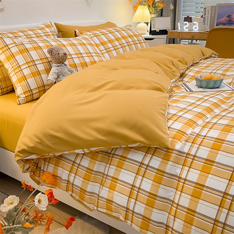 Pure Color Washed Cotton Four-piece Set Of Plaid Striped Sheets Quilt Cover Bedding Pi-Mart