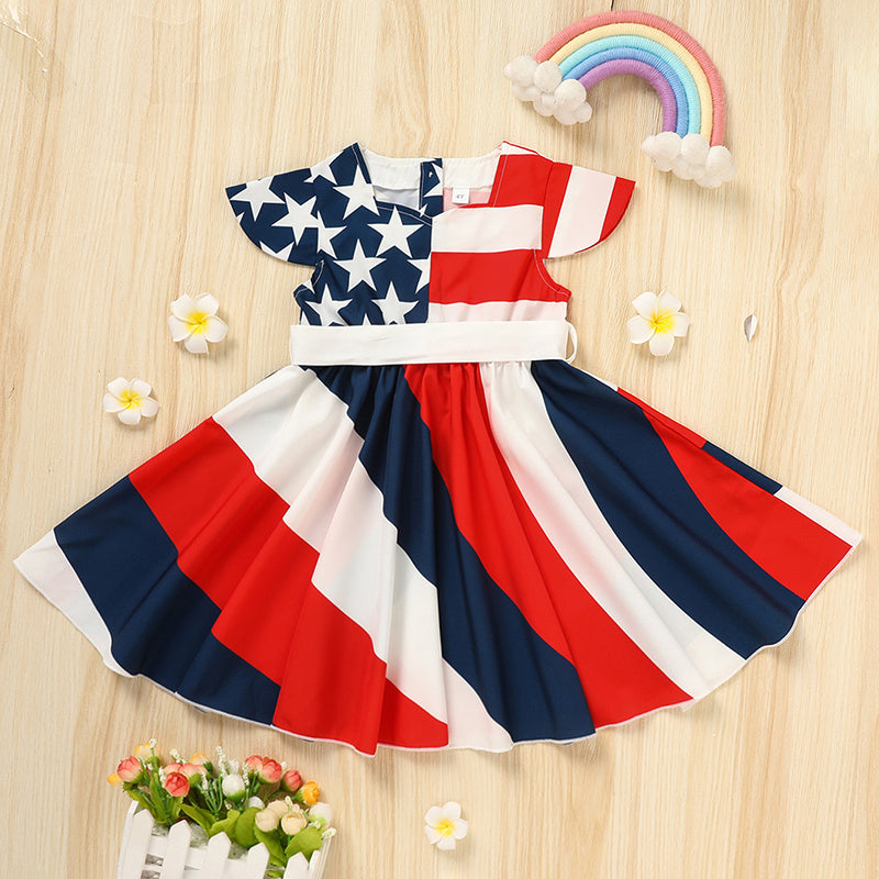 Toddler Girls' Independence Day Dress Red White & Blue Stripes And Stars Short Sleeve Twirl Dress 4th Of July Pi-Mart