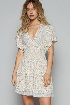 New Summer Cutout Back Frill Floral V-Neck Short Sleeve Mini Dress For Women Fluttering, Chic, Feminine, and Playful Dress with Floral Print and Back Cutout for a Flirty and Elegant Look