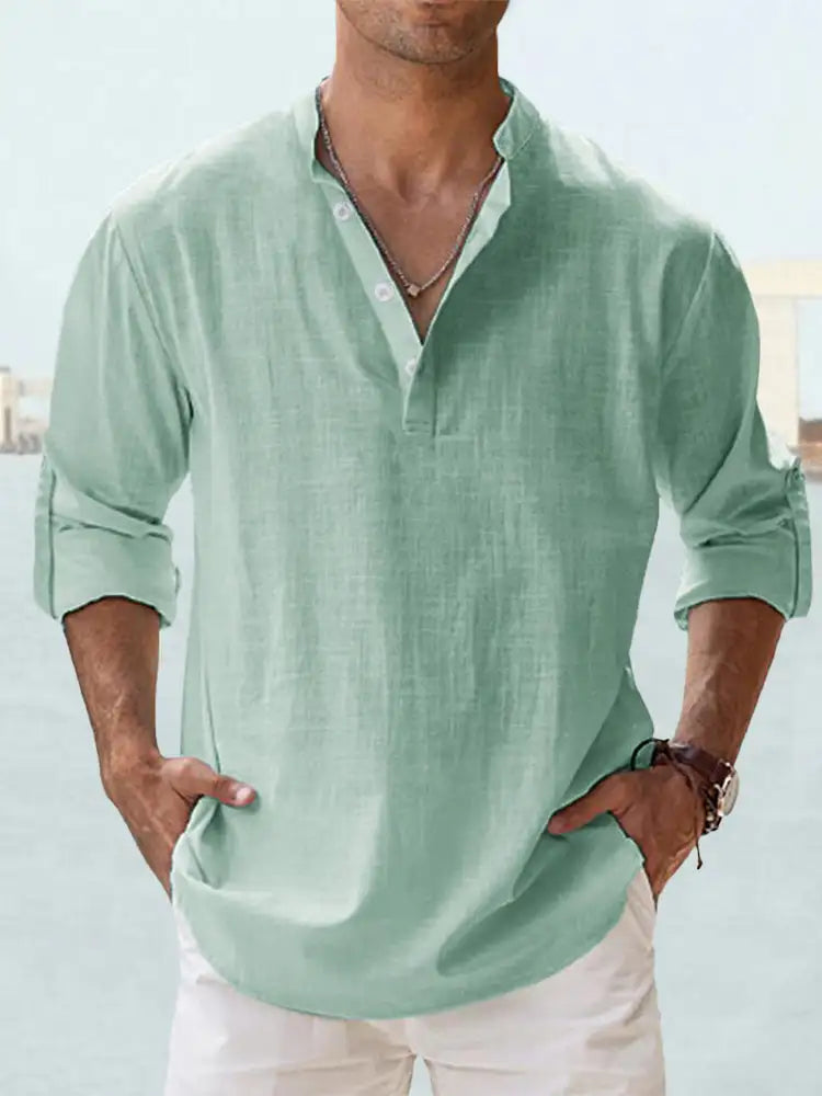 Men's Linen Stand-up Collar Long Sleeve T-shirt Loose Undershirt