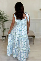 Sky Blue Floral Smocked A-Line Tie Straps Maxi Dress