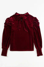 Fiery Red Velvet Blouse - Mock Neck & Puff Sleeves | Femstylo