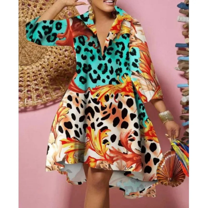 Women Sexy Fashion Printed Shirt Dresses Chic V Neck Loose Long Sleeve Dress Causal Vacation Female Mini Vestidos Robe Clothing Purplish Diva