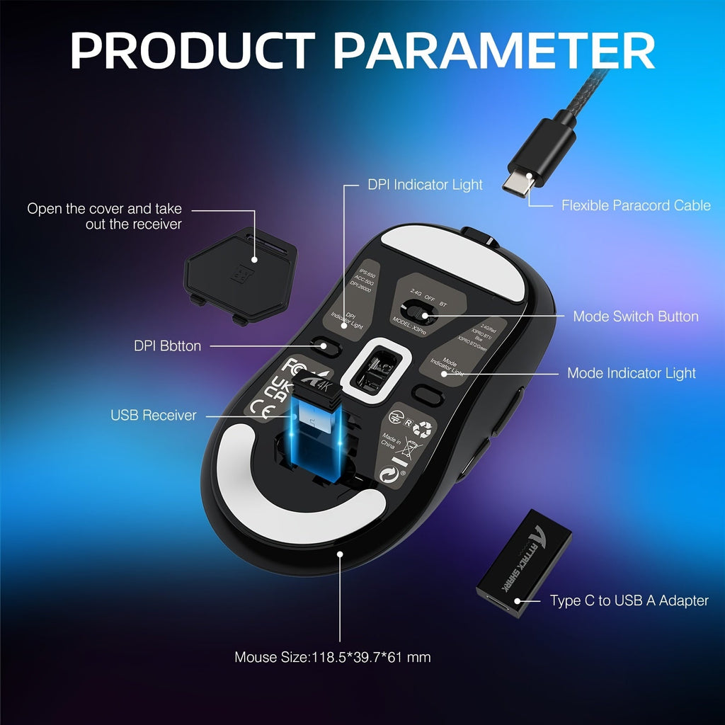 ATTACK SHARK X3PRO 4K/8K Lightweight Wireless Gaming Mouse with Tri-Mode (Wired/2.4GHz/BT), PAW3395 Optical Sensor, Up to 26K DPI, Kailh GM8.0 Switch, Long Battery, 7 Buttons for PC/Laptop/Win Lootquake LLC