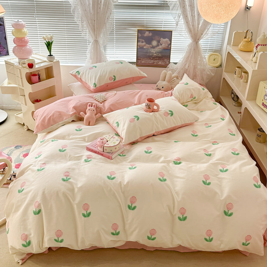 Cute Floral Rabbit Cotton Four-piece Set Pastoral Cotton Quilt Cover Bed Sheet Three-piece Set Pi-Mart