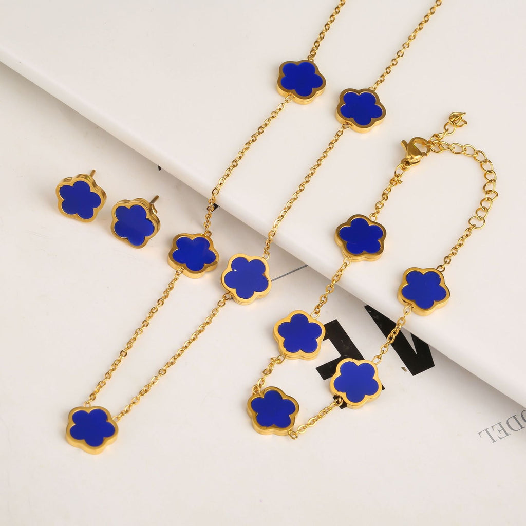 New Stainless Steel Plant Fritillary Five Leaf Petals Earring Bracelet Necklace Jewelry Set Women Cross-border Hot Selling Lot Pi-Mart