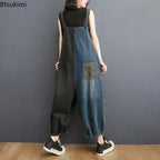 Oversized Denim Straps Pants Women's Fashion Plaid Patchwork Jumpsuits Casual Loose Ladies Wide Leg Reducing Age Jeans Rompers Purplish Diva